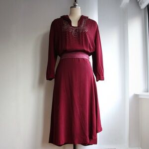 1940's Studded Cranberry Rayon Cocktail Dress